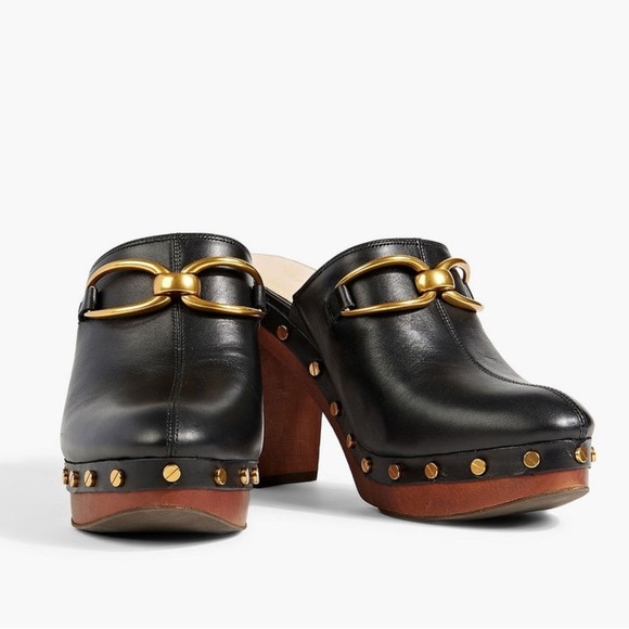 VERONICA BEARD Giles Clog in Black Leather Gold Stud Grommet Wooden Heel Sz 10 - Picture 2 of 14